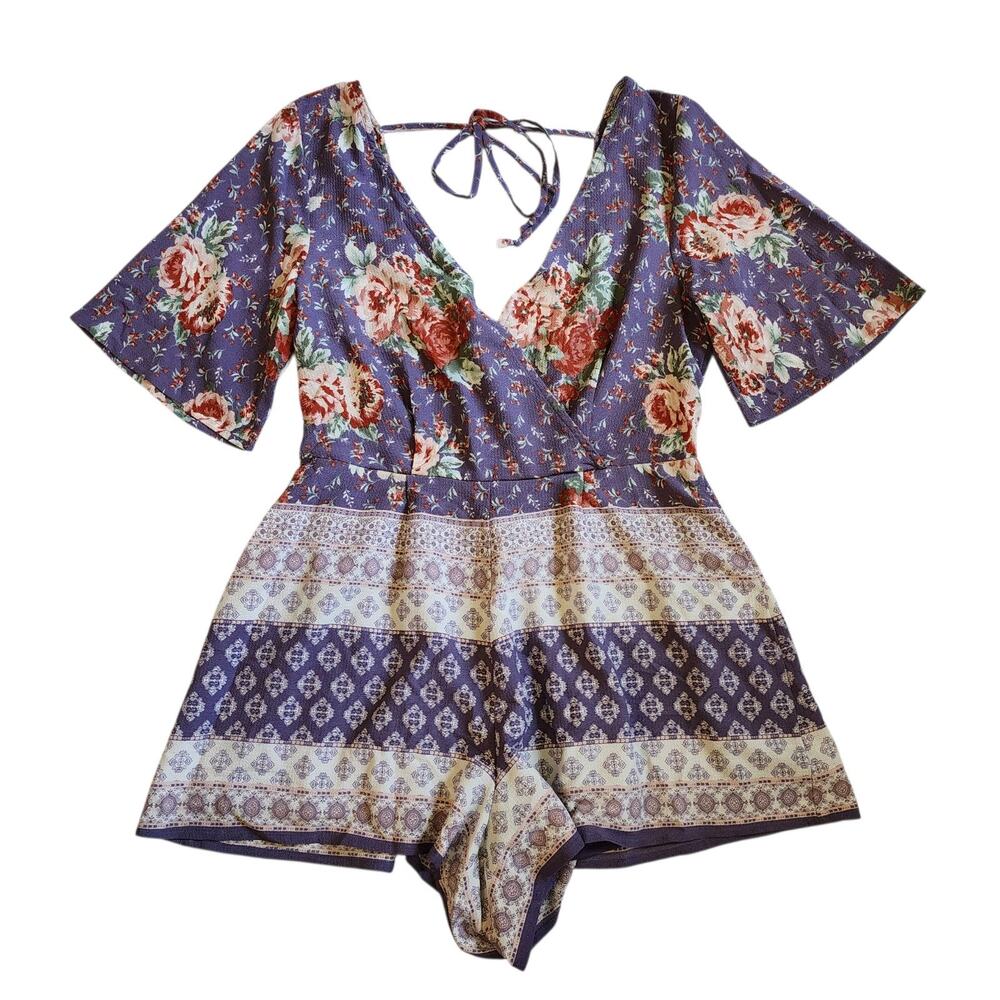 Blue Rain Womens Romper Shorts Size S Purple Floral Short Sleeve Surplice LIned